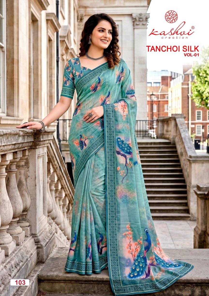  TANCHOI SILK VOL 01 By KASHVI CREATION 101 To 108 Series Indian Traditional Wear DULL MOSS sarees At Wholesale Price